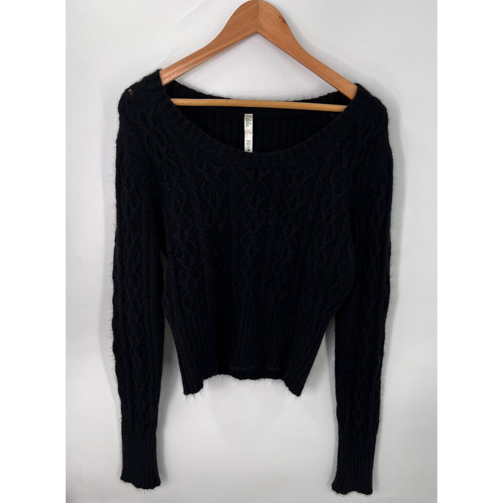 Lilu Wool Rabbit Hair Blend Cable Knit Pullover Sweater Black Women's XL